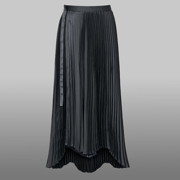 UNIQLO +J by Jil Sander | Black Satin Pleated Midi Skirt – Asymmetrical Hem - Picture 1 of 9
